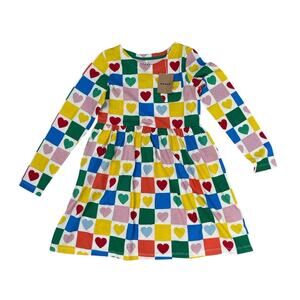 NWT Mini Boden Colorful Heart Print Cotton Dress Long Sleeve Size 9-10